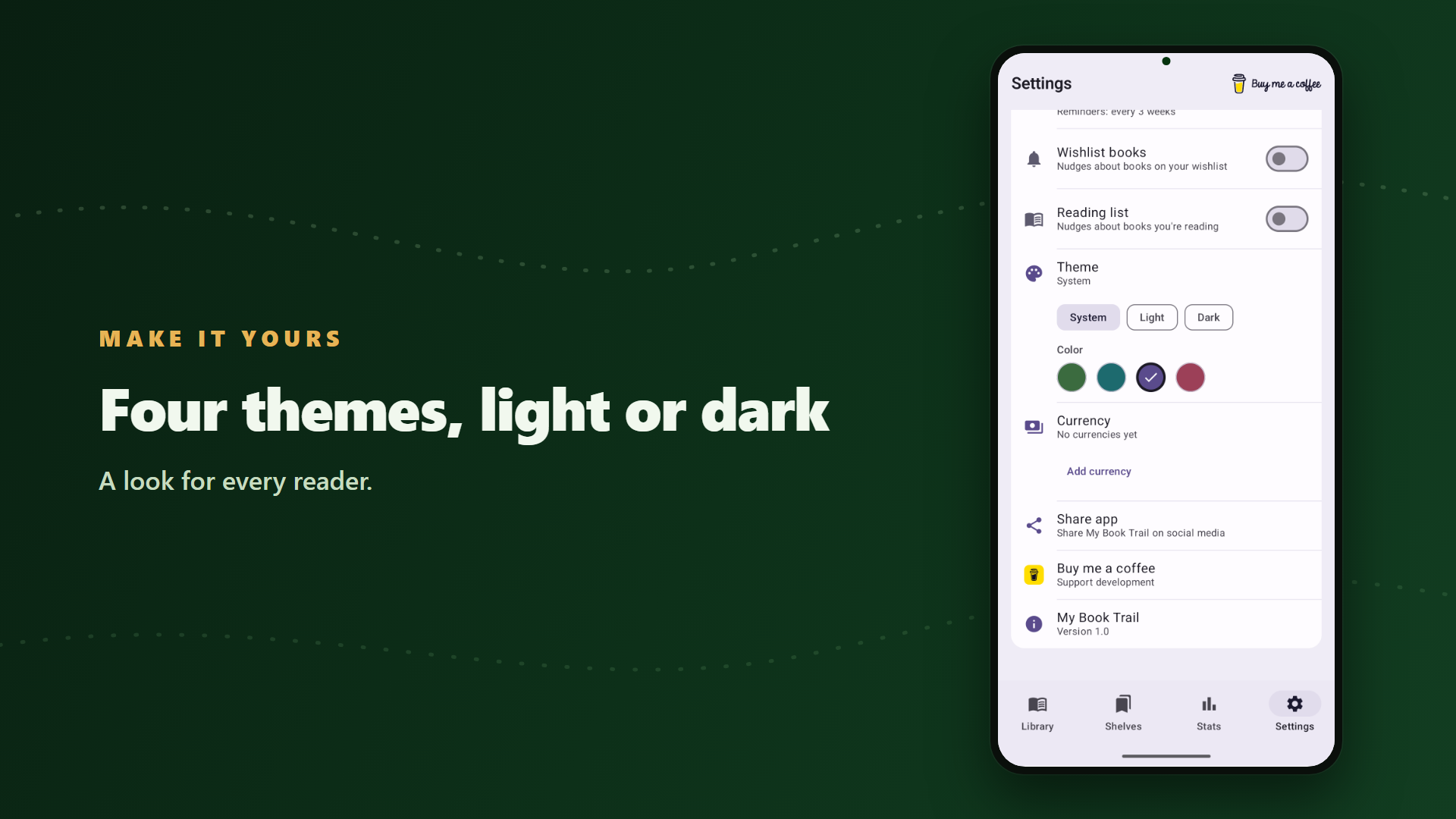 Four themes, light or dark